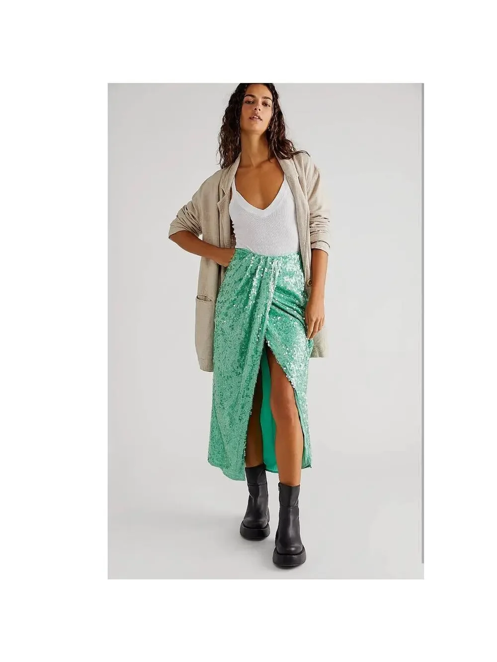 New Free People Poets Sequin Sarong Skirt $228 SIZE 4 Green High-Rise longline
